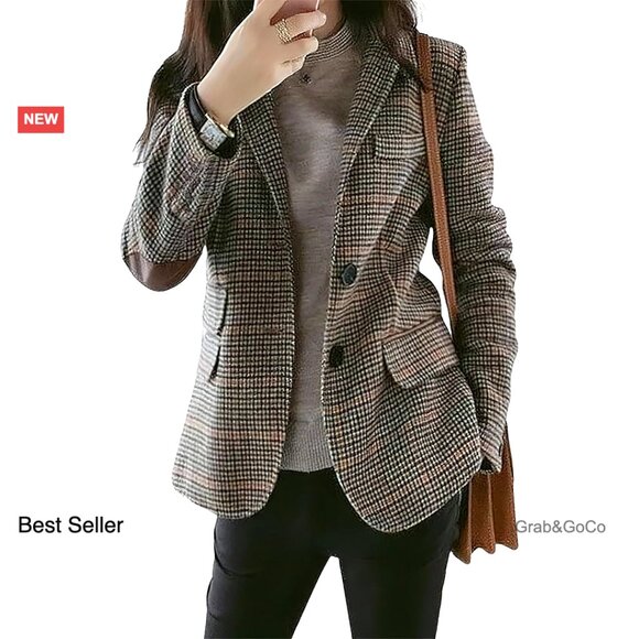 Wool Plaid Blazer Notched Lapel Slim Fit Elbow Patch Vintage Classic Chic